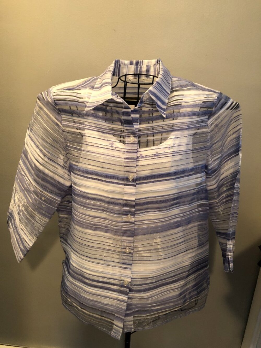 Sz 12 Blue Striped Unbranded Sheer 22" Pit to Pit Blouse w White Tank #JS